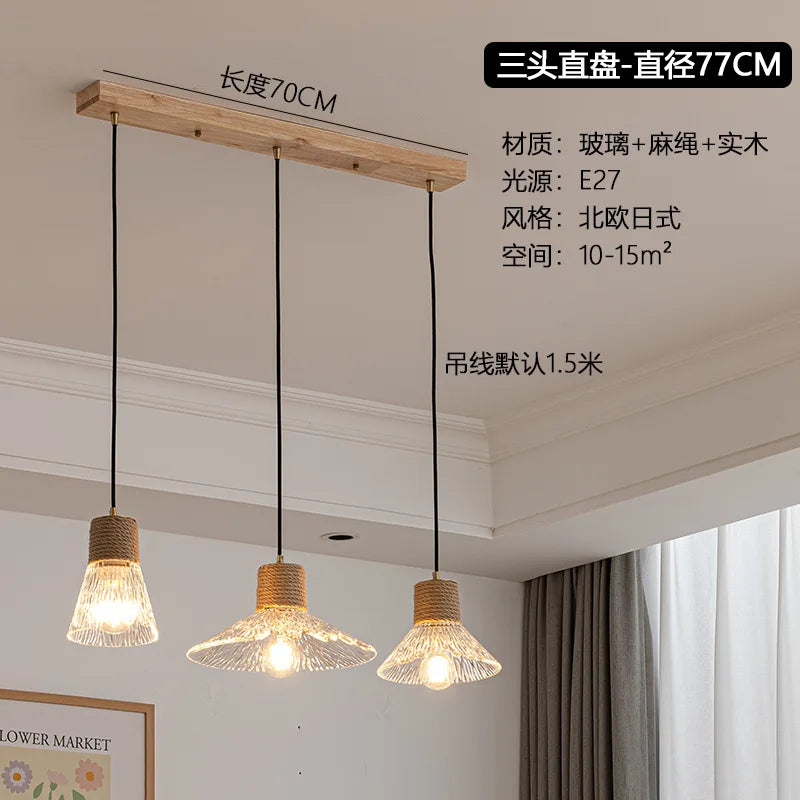 Lustre Design Nordique Japonais 3 Têtes Verre & Bois