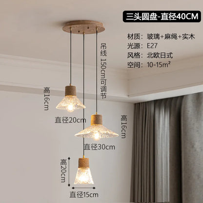Lustre Design Nordique Japonais 3 Têtes Verre & Bois