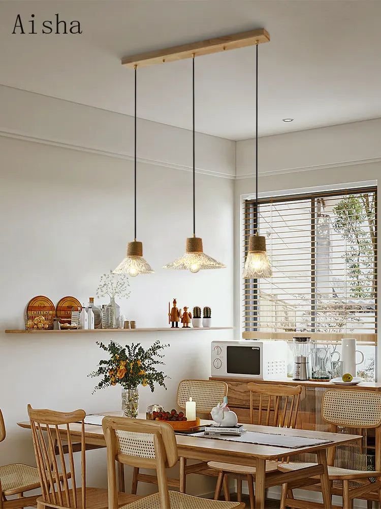 Lustre Design Nordique Japonais 3 Têtes Verre & Bois