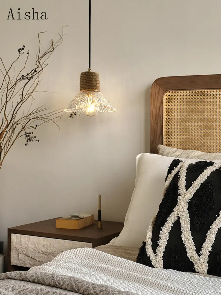 Lustre Design Nordique Japonais 3 Têtes Verre & Bois