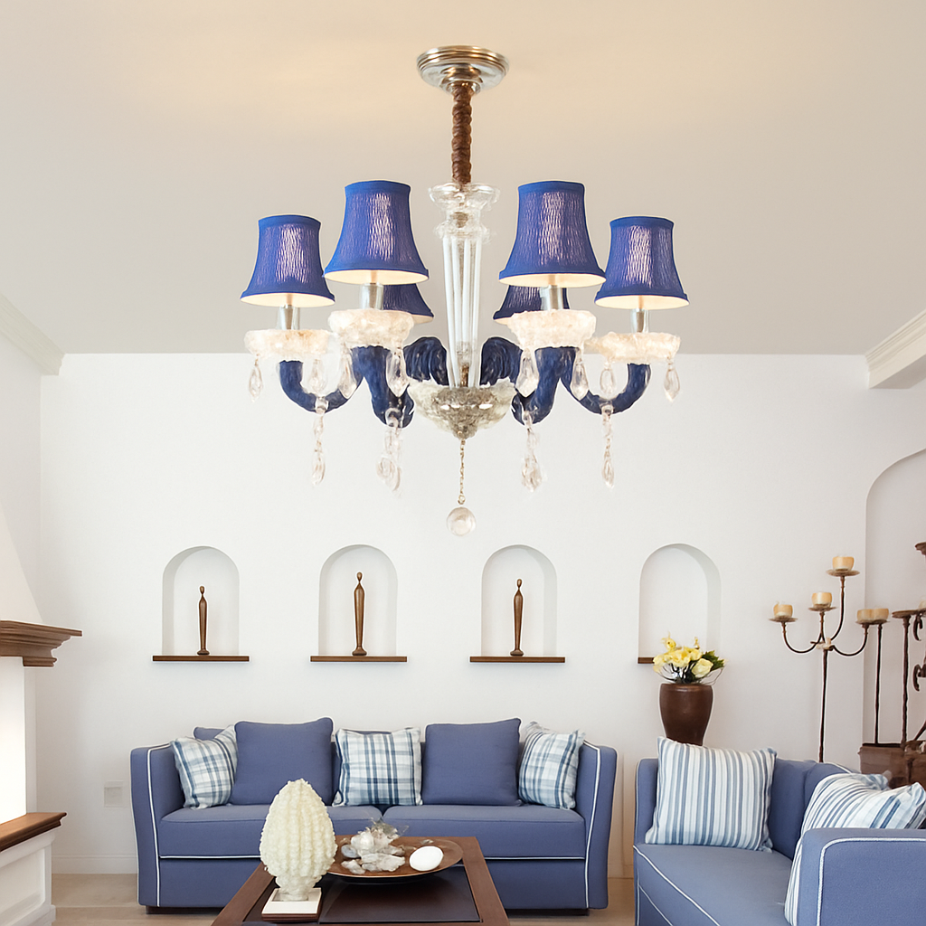Lustre Baroque LED Cristal & Tissu - Bleu ou Rouge