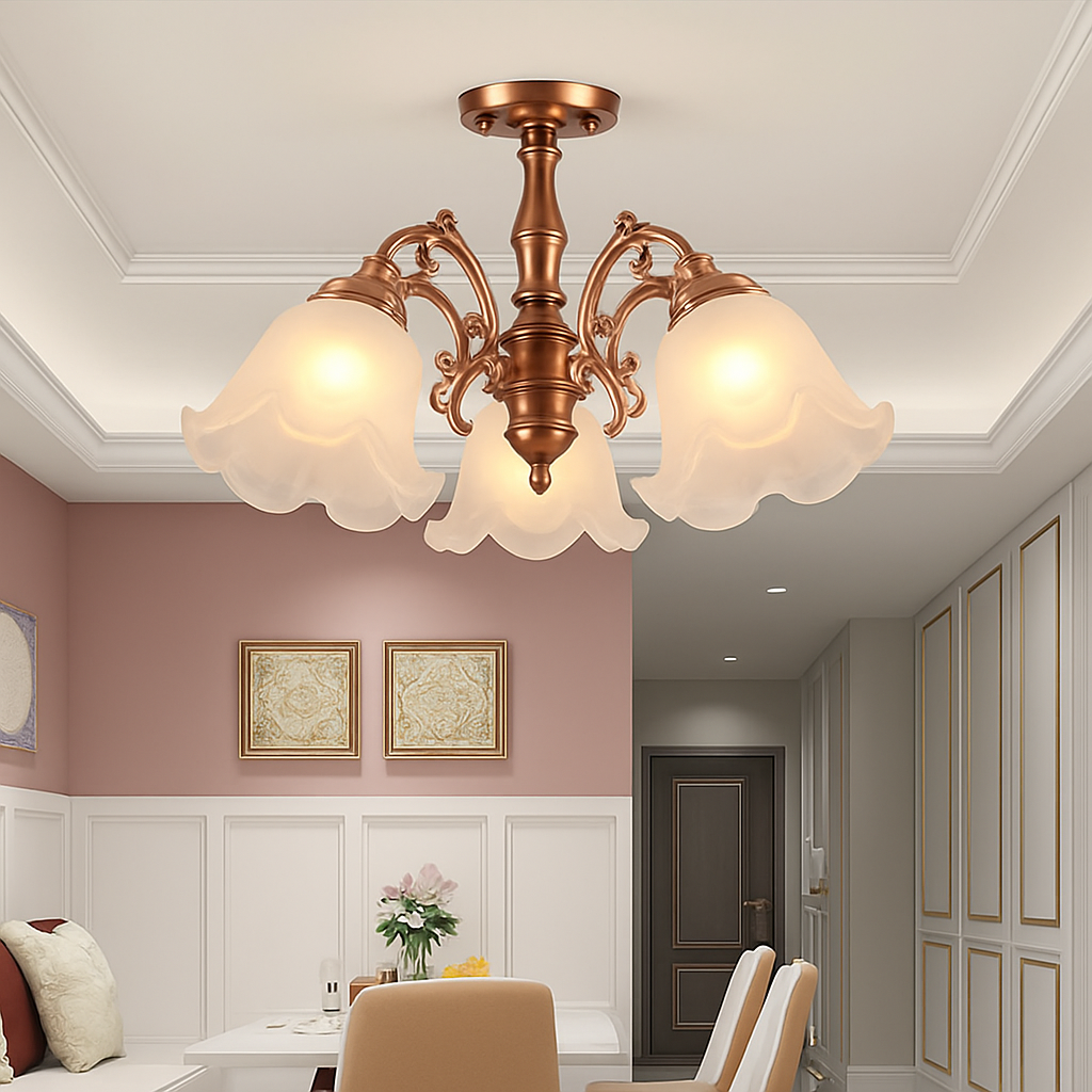 Lustre LED Floral Élégant Bronze Doré Rouge Cuivré