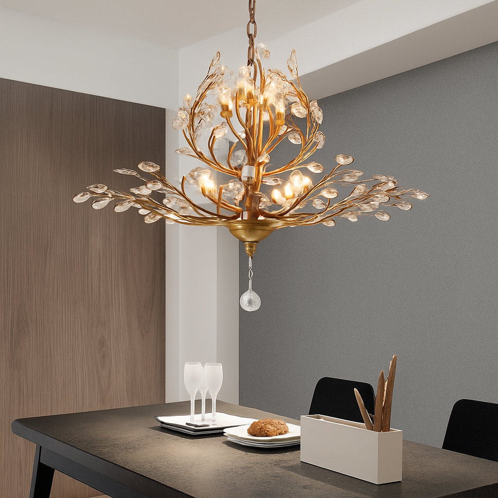 Lustre Feuille Cristal Doré ou Noir LED