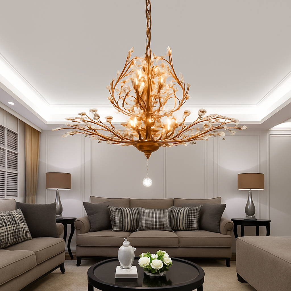 Lustre Feuille Cristal Doré ou Noir LED