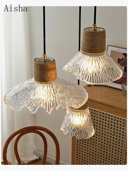 Lustre Design Nordique Japonais 3 Têtes Verre & Bois